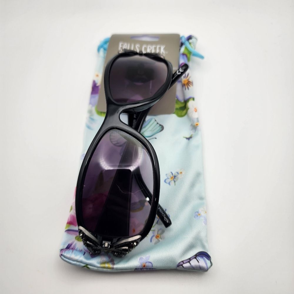 NWT Falls Creek Black Butterfly Sunglasses & Blue Floral Pouch